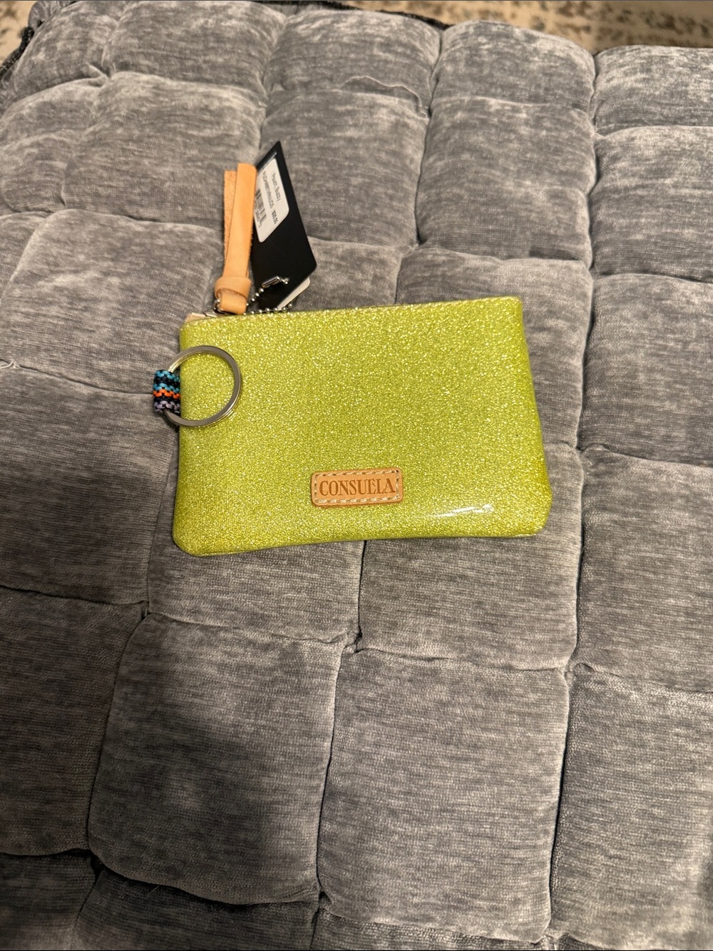Consuela Neon Lime Glitter Wristlet Pouch with Leather Key Loop